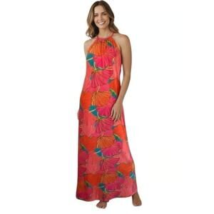 Trina Turk MILAN GINGKO Floral Maxi Halter Dress Resort in Orange Pink M $198